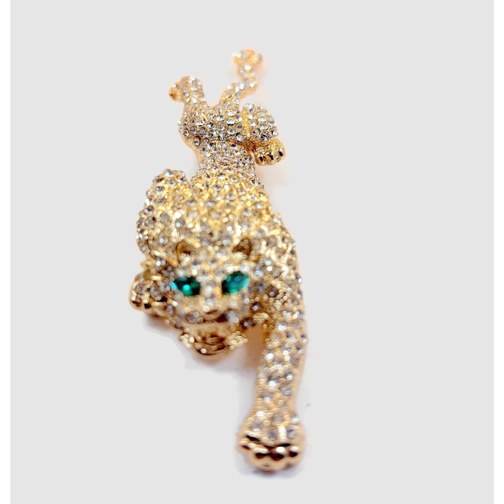 Vintage Shoulder Brooch, Lion, Tiger, Leopard, Rhinestones, Gold Tone, 6" Long - Picture 3 of 7